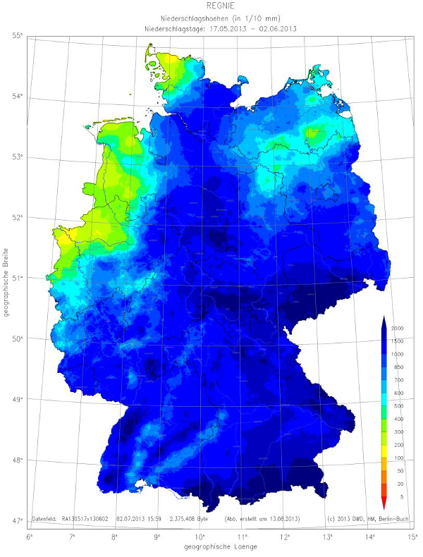 Übersichtskarte Niederschlagssummen (in 1/10 Millimeter) im Zeitraum von 23. Mai bis 1. Juni 2013.